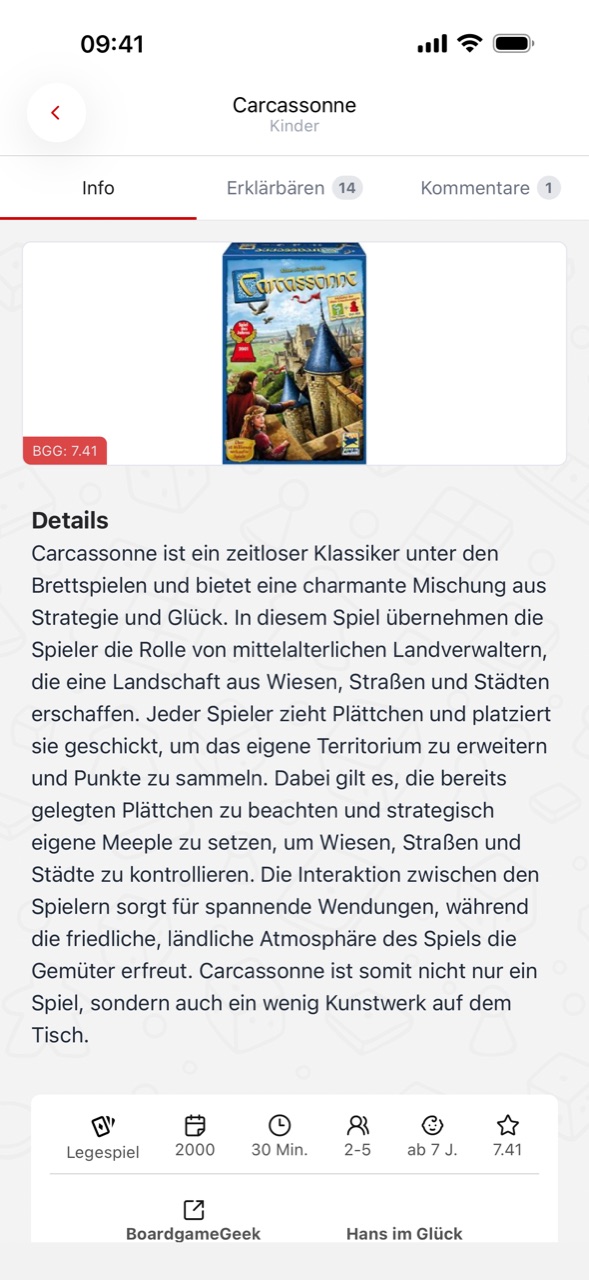 A game's details with description, play time, players and age