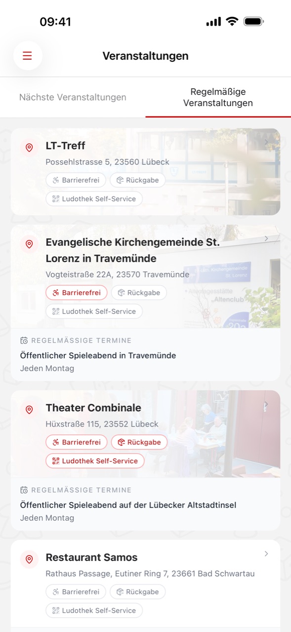 Regular events with venue details such as accessibility, returns and self-service